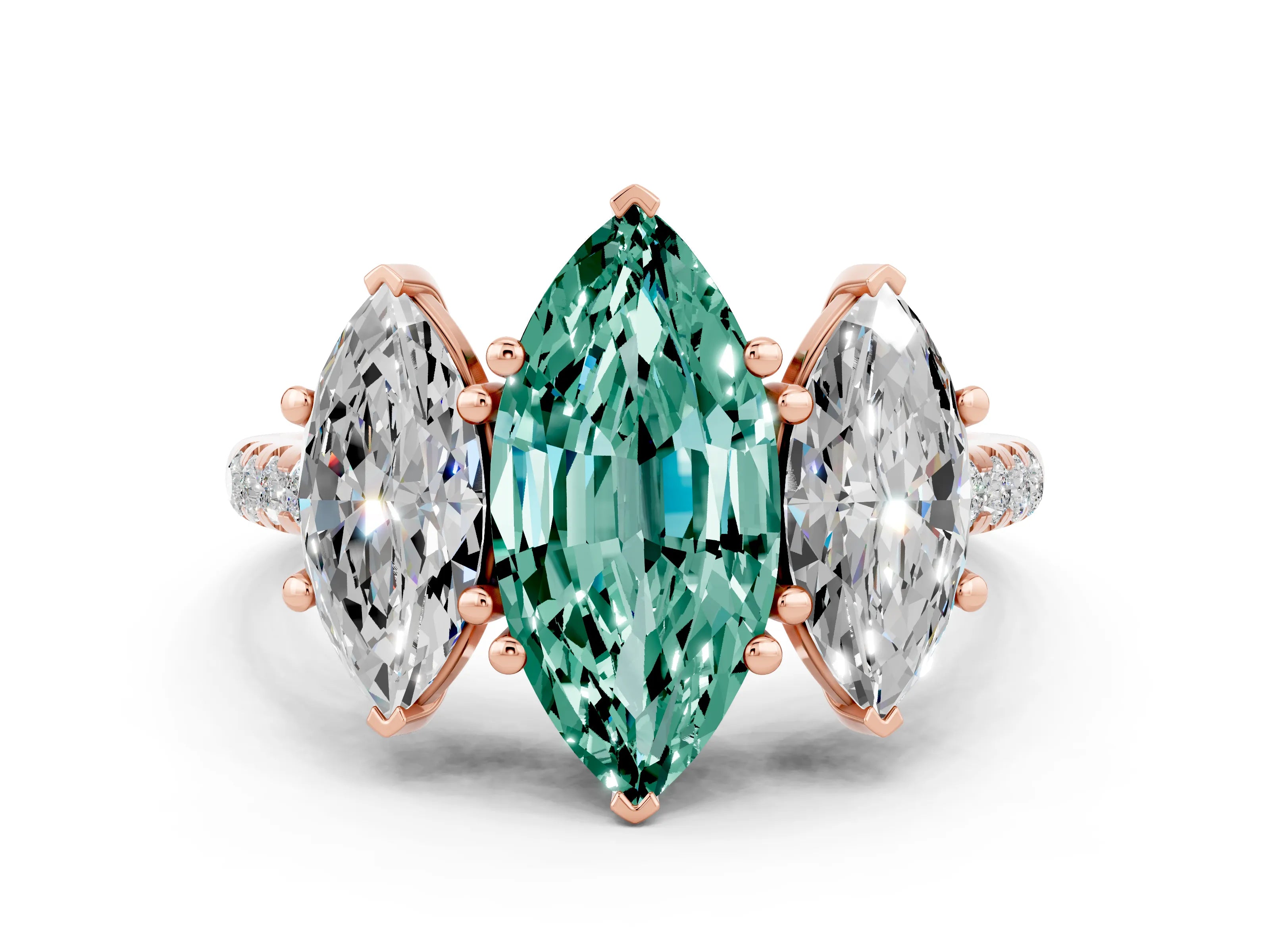 Rose gold Three-Stone Marquise Cut Green Sapphire Ring with Pavé Band and Prong Setting_12