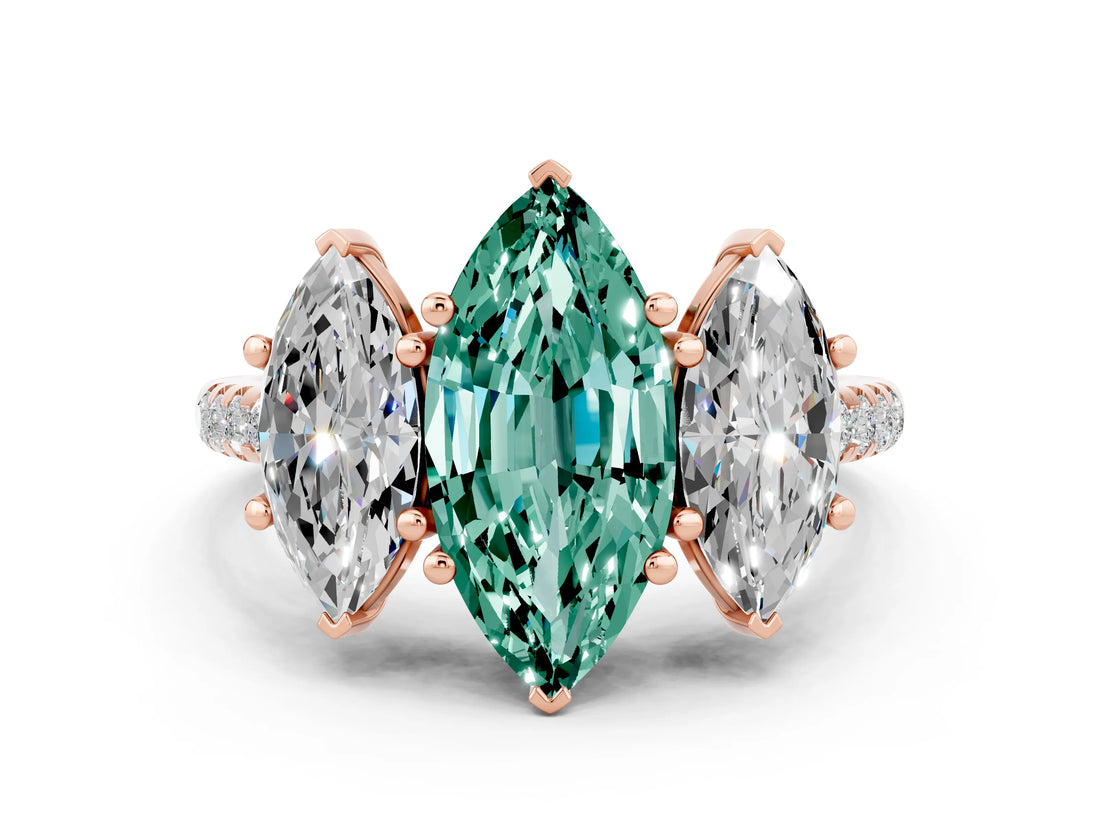 Rose gold Three-Stone Marquise Cut Green Sapphire Ring with Pavé Band and Prong Setting_12