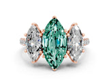 Rose gold Three-Stone Marquise Cut Green Sapphire Ring with Pavé Band and Prong Setting_12