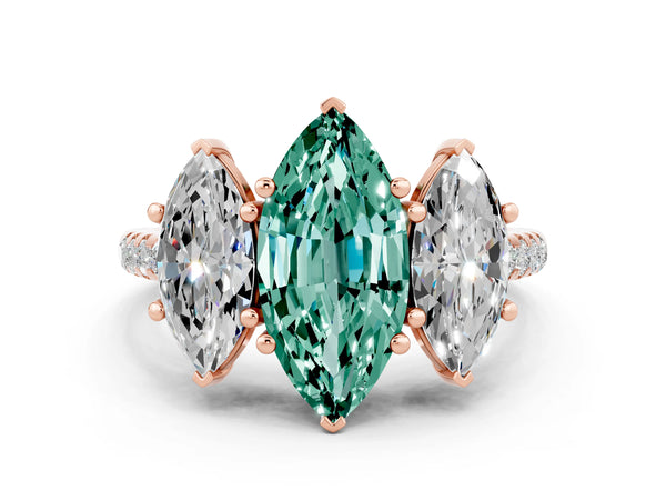 Rose gold Three-Stone Marquise Cut Green Sapphire Ring with Round  Pavé Band and Prong Setting