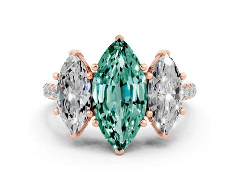 Rose gold Three-Stone Marquise Cut Green Sapphire Ring with Pavé Band and Prong Setting_12