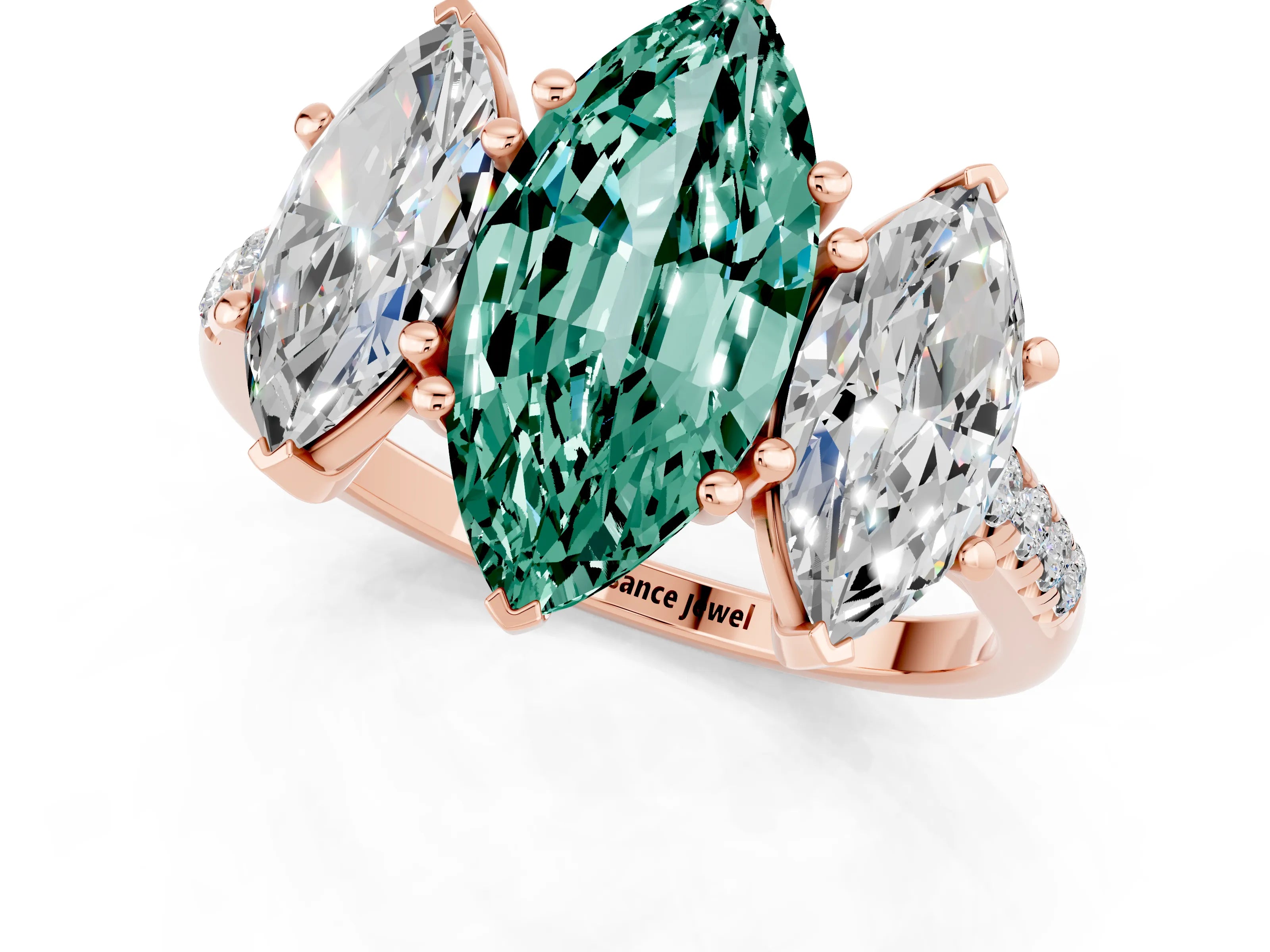 Rose gold Three-Stone Marquise Cut Green Sapphire Ring with Pavé Band and Prong Setting_13