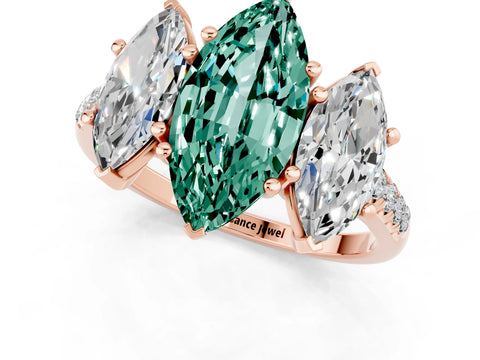 Rose gold Three-Stone Marquise Cut Green Sapphire Ring with Pavé Band and Prong Setting_13