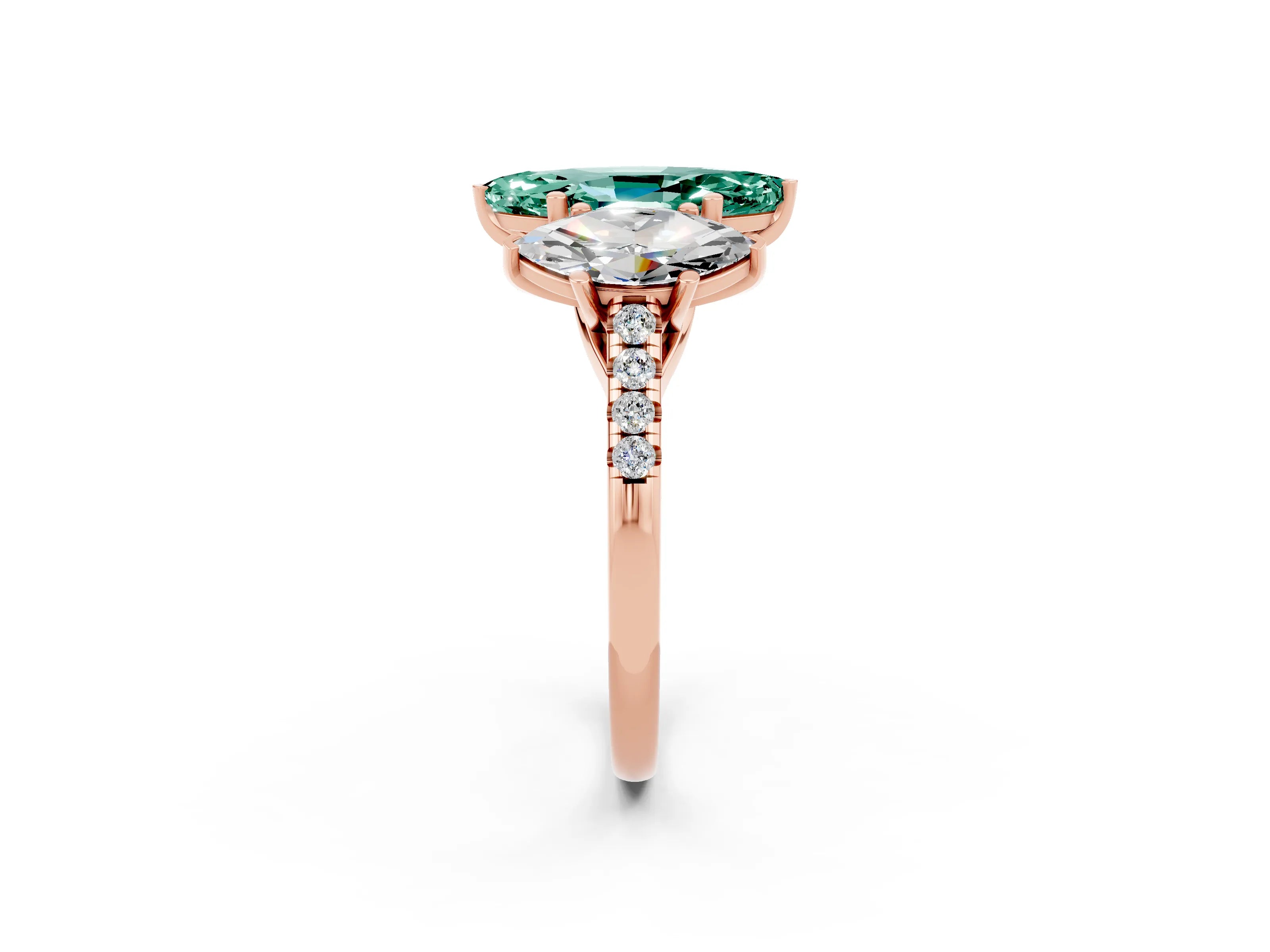 Rose gold Three-Stone Marquise Cut Green Sapphire Ring with Pavé Band and Prong Setting_14