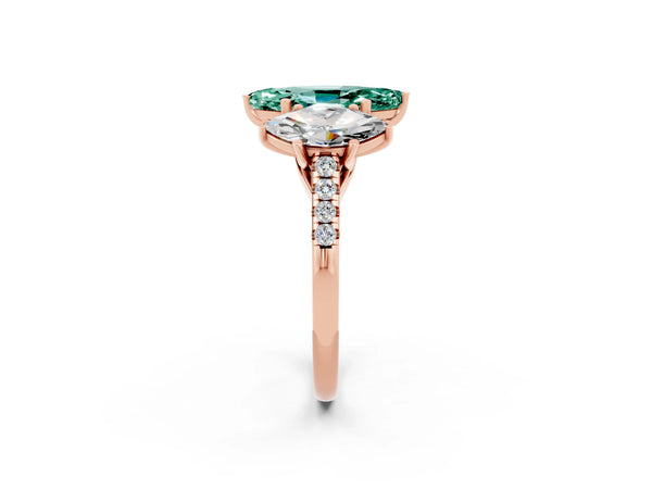 Rose gold Three-Stone Marquise Cut Green Sapphire Ring with Round  Pavé Band and Prong Setting