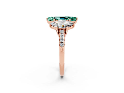Rose gold Three-Stone Marquise Cut Green Sapphire Ring with Pavé Band and Prong Setting_14