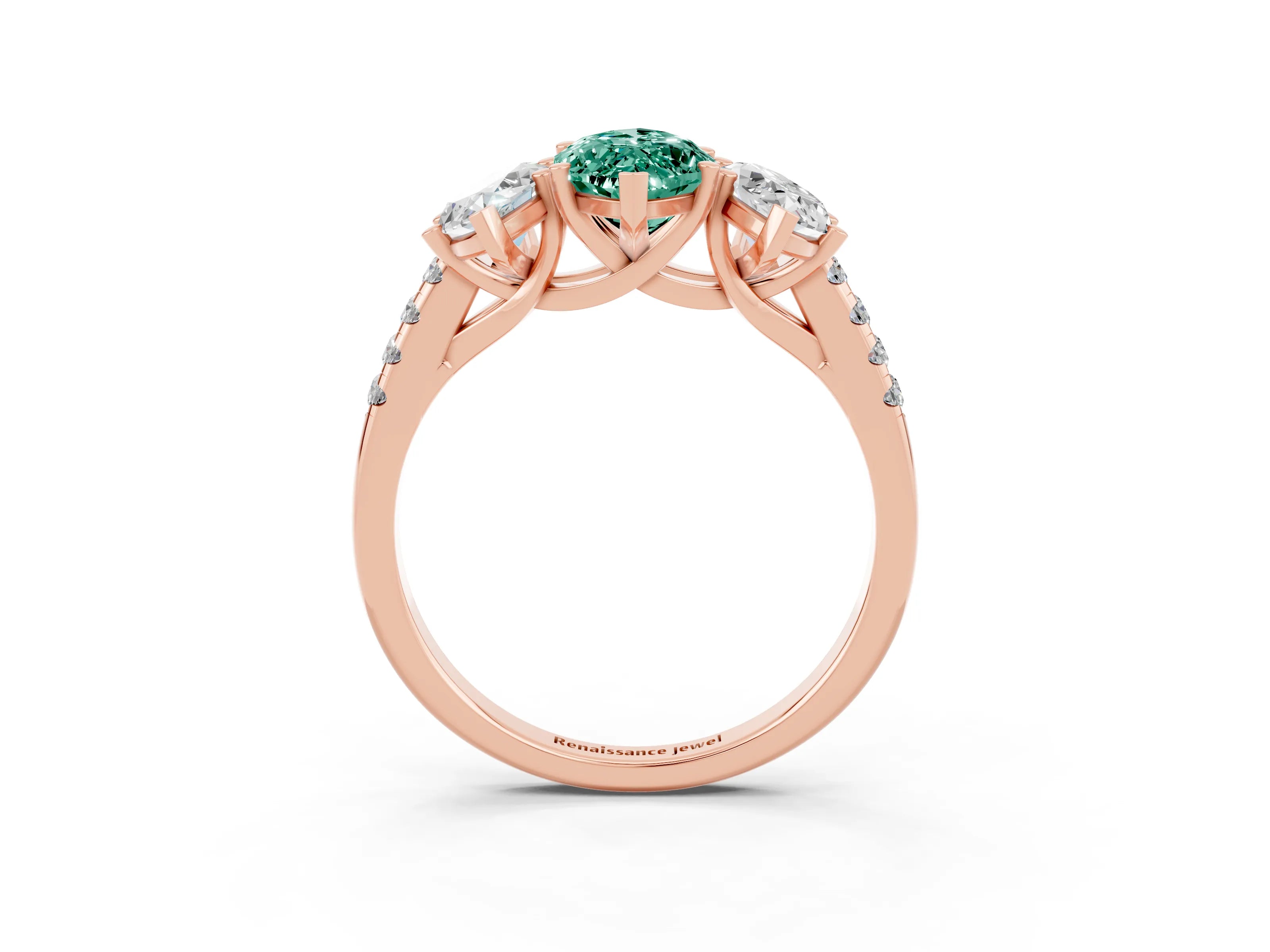 Rose gold Three-Stone Marquise Cut Green Sapphire Ring with Pavé Band and Prong Setting_15
