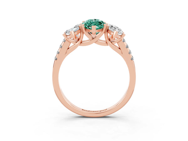 Rose gold Three-Stone Marquise Cut Green Sapphire Ring with Round  Pavé Band and Prong Setting