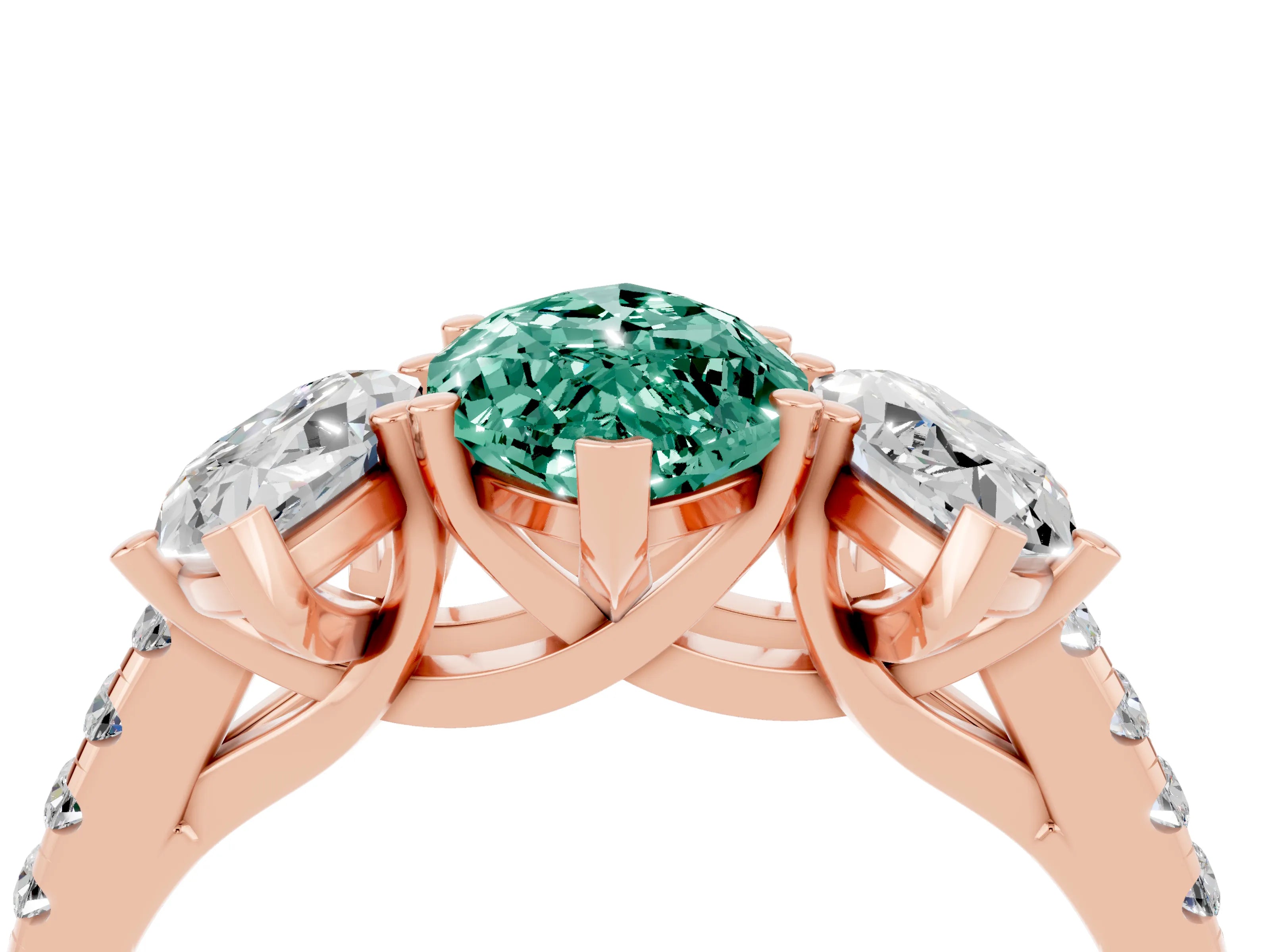 Rose gold Three-Stone Marquise Cut Green Sapphire Ring with Pavé Band and Prong Setting_16
