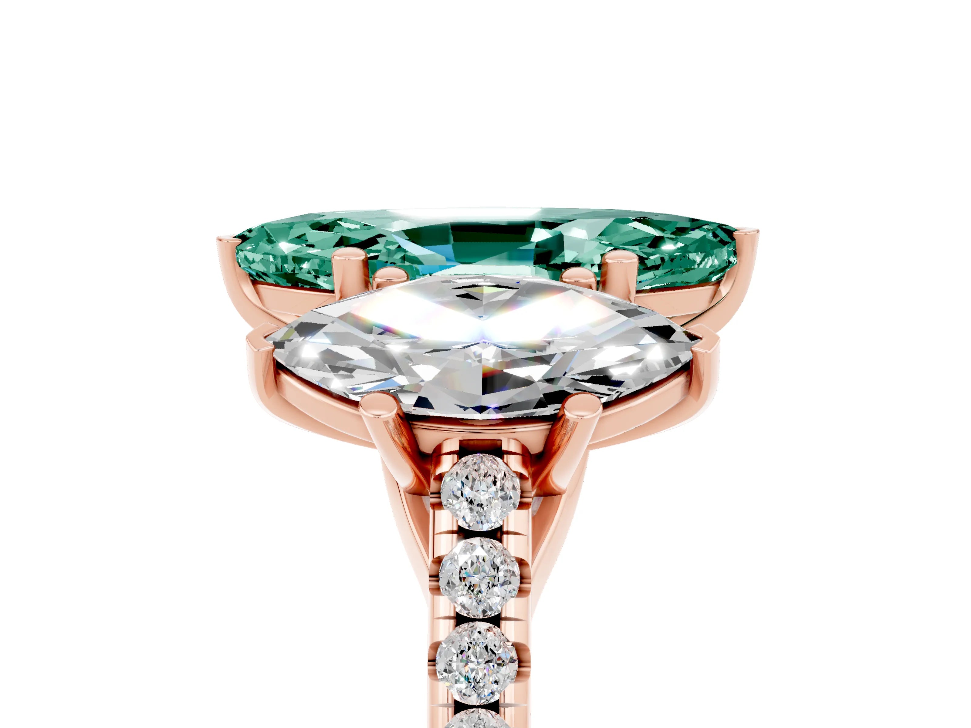 Rose gold Three-Stone Marquise Cut Green Sapphire Ring with Pavé Band and Prong Setting_17