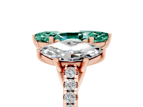 Rose gold Three-Stone Marquise Cut Green Sapphire Ring with Pavé Band and Prong Setting_17