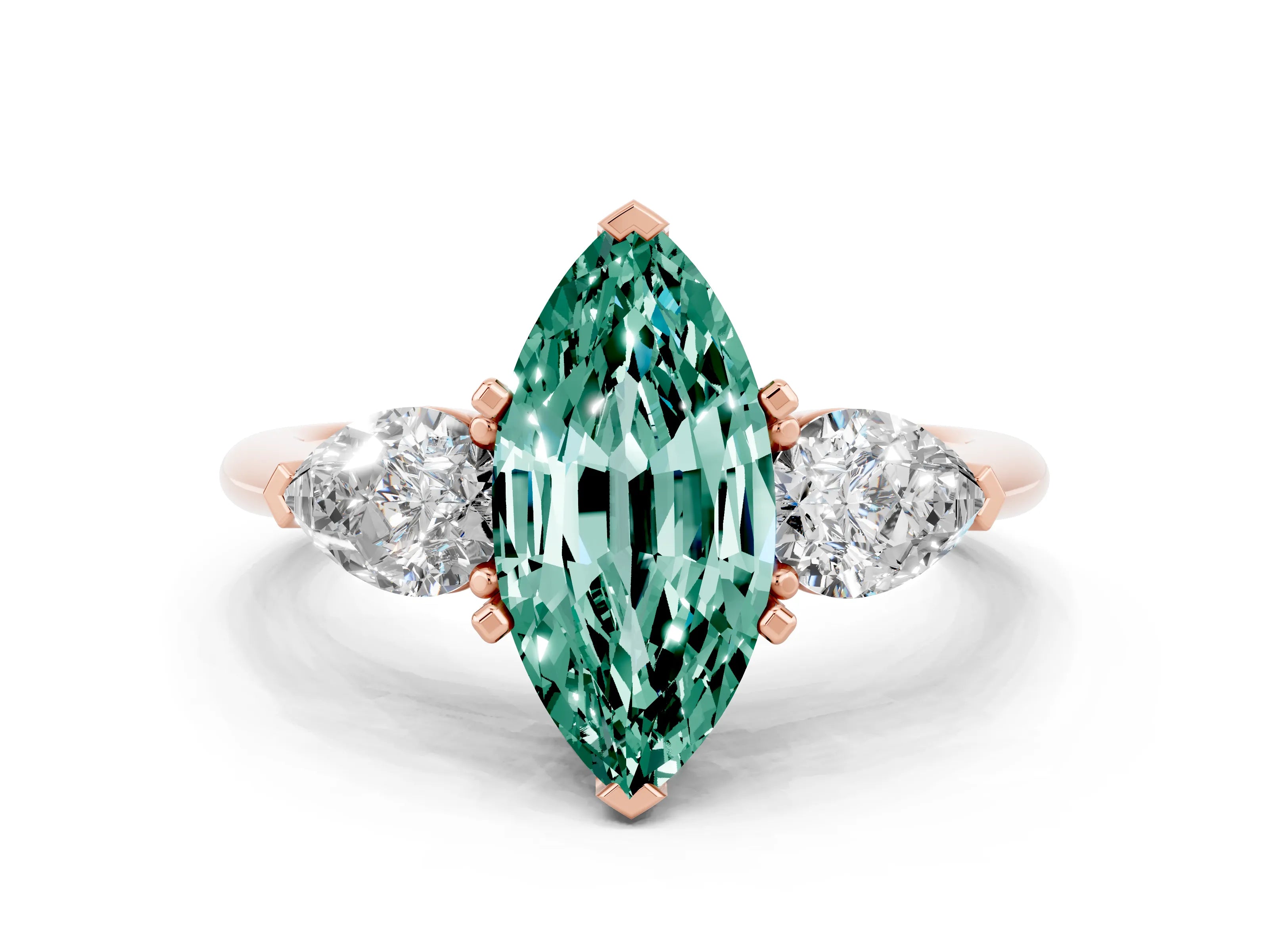 Rose gold Three-Stone Marquise Cut Green Sapphire Ring with Pear Side Stones and Four-Prong Setting