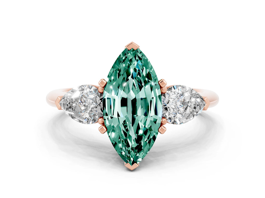 Rose gold Three-Stone Marquise Cut Green Sapphire Ring with Pear Side Stones and Four-Prong Setting
