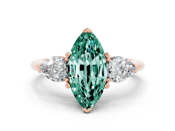 Rose gold Three-Stone Marquise Cut Green Sapphire Ring with Pear Side Stones and Four-Prong Setting