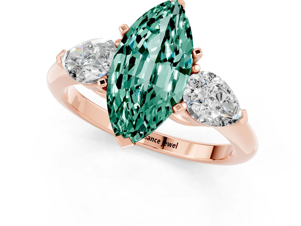 Rose gold Three-Stone Marquise Cut Green Sapphire Ring with Pear Side Stones and Four-Prong Setting