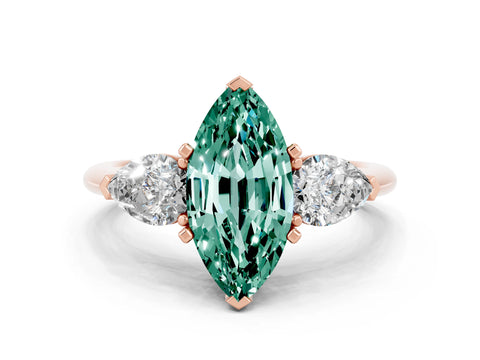 Rose gold Three-Stone Marquise Cut Green Sapphire Ring with Pear Side Stones and Four-Prong Setting