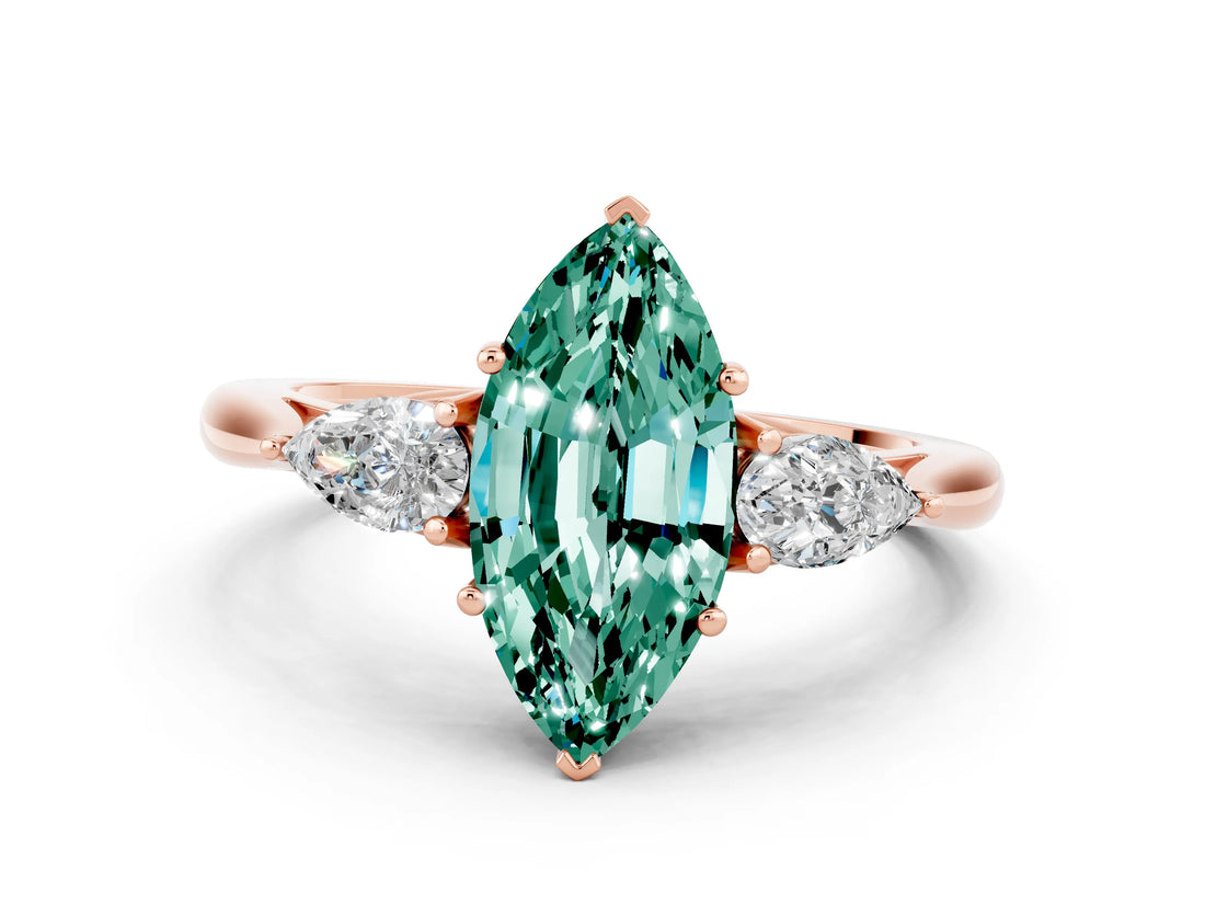 Rose gold Three-Stone Marquise Cut Green Sapphire Ring with Pear  Side Stones in Four-Prong Setting_12