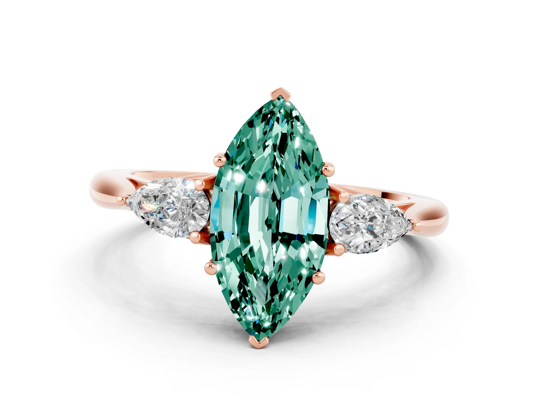 Rose gold Three-Stone Marquise Cut Green Sapphire Ring with Pear  Side Stones in Four-Prong Setting_36