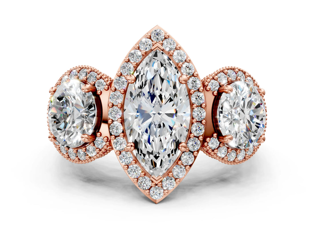 Rose gold Three-Stone Marquise Cut Halo Diamond Milgrain Band with Four-Prong Setting_3