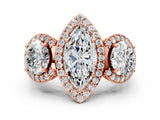 Rose gold Three-Stone Marquise Cut Halo Diamond Milgrain Band with Four-Prong Setting_3