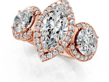 Rose gold Three-Stone Marquise Cut Halo Diamond Milgrain Band with Four-Prong Setting_4