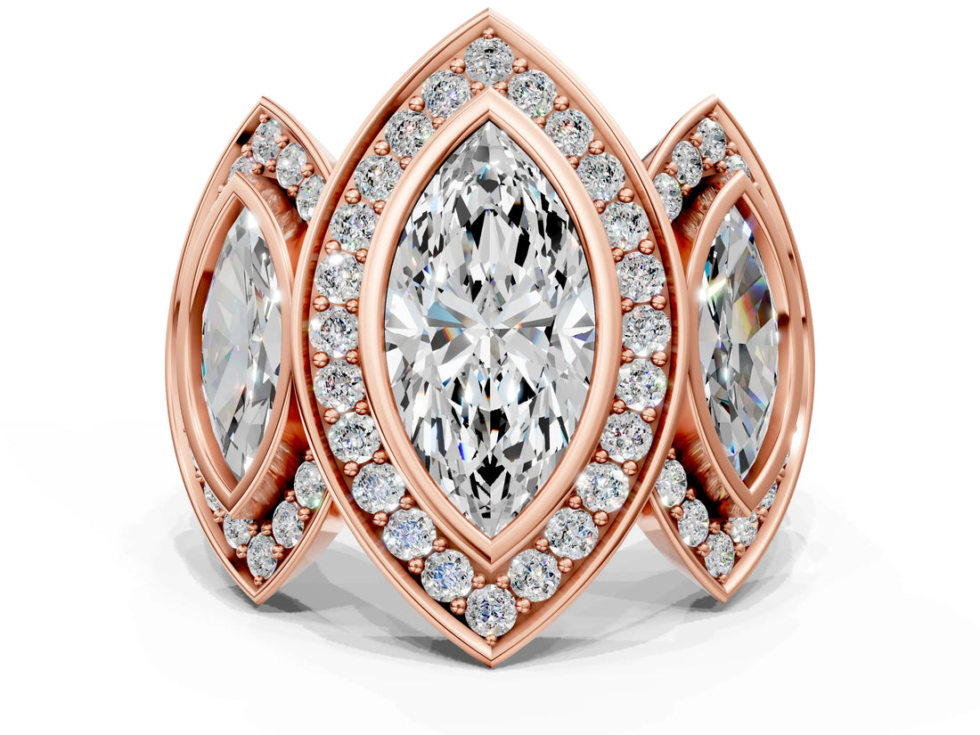Rose gold Three-Stone Marquise Cut Halo Pavé Diamond Ring_3