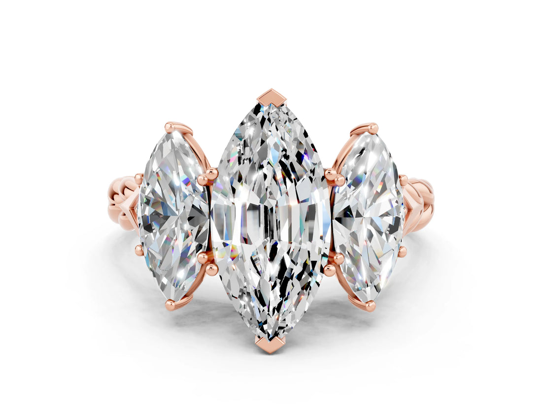 Rose gold Three-Stone Marquise Cut Moissanite Braided Band Ring with Four-Prong Setting_12
