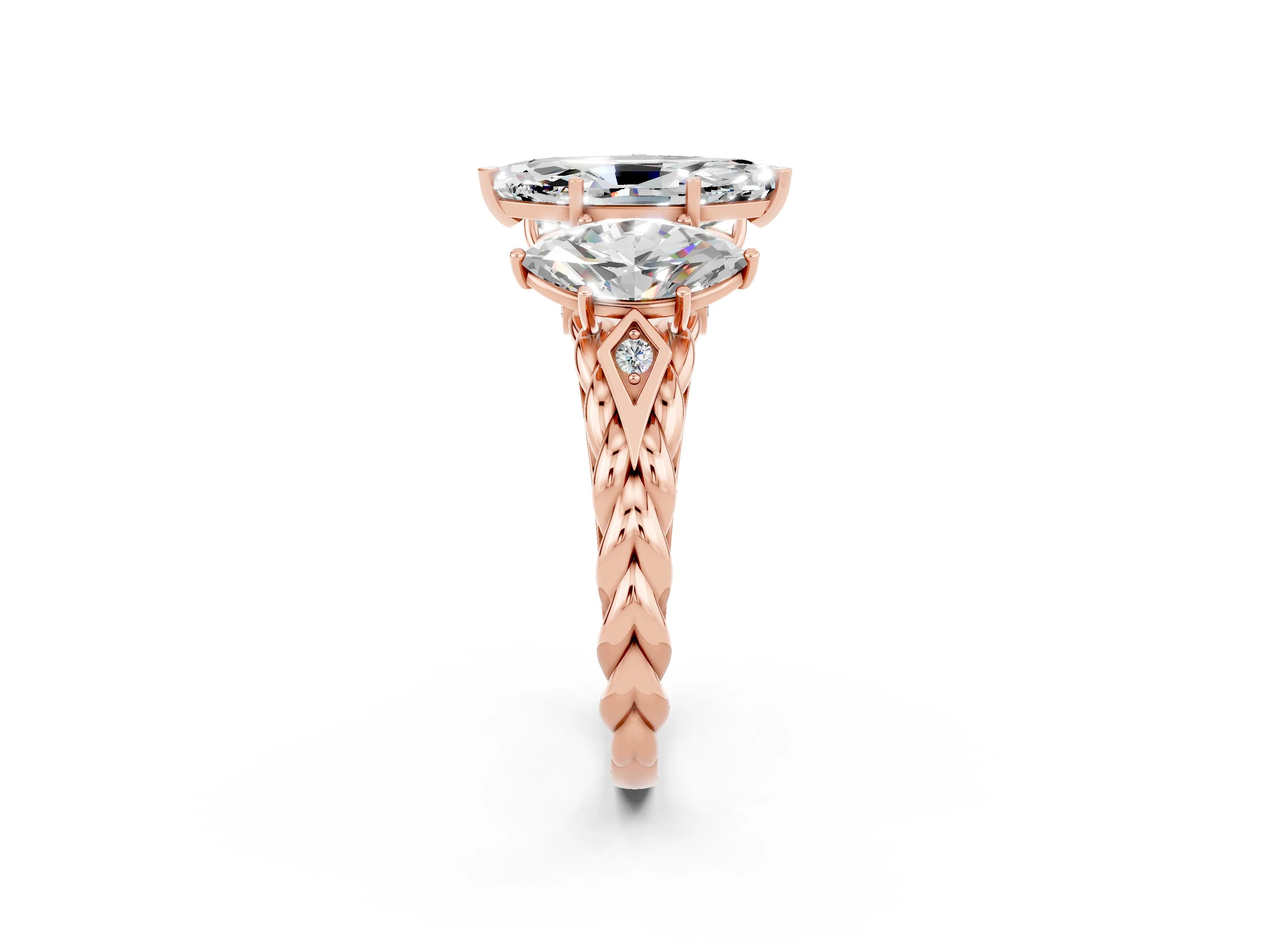 Rose gold Three-Stone Marquise Cut Moissanite Braided Band Ring with Four-Prong Setting_14