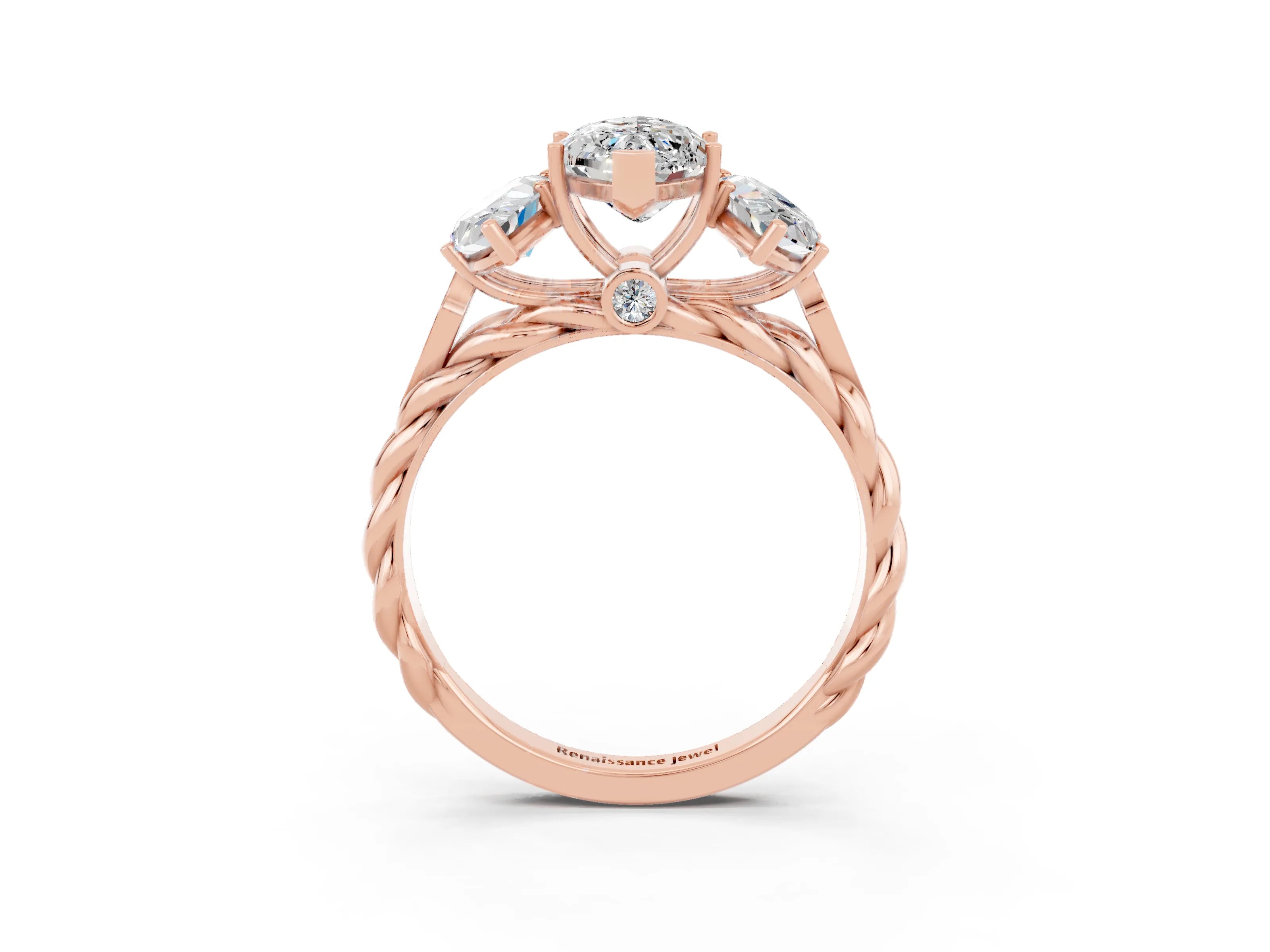 Rose gold Three-Stone Marquise Cut Moissanite Braided Band Ring with Four-Prong Setting_15
