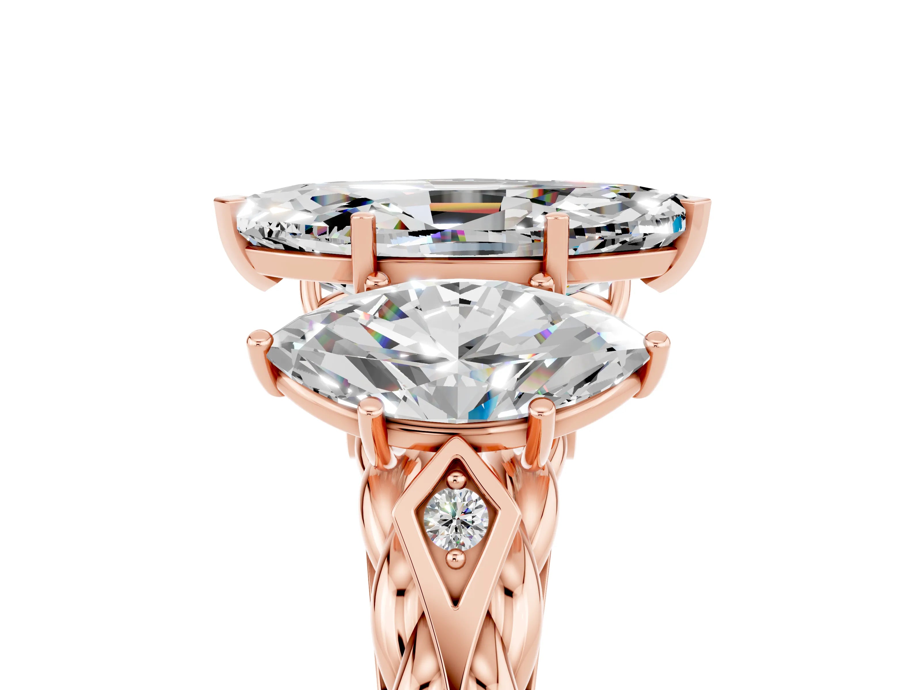 Rose gold Three-Stone Marquise Cut Moissanite Braided Band Ring with Four-Prong Setting_17