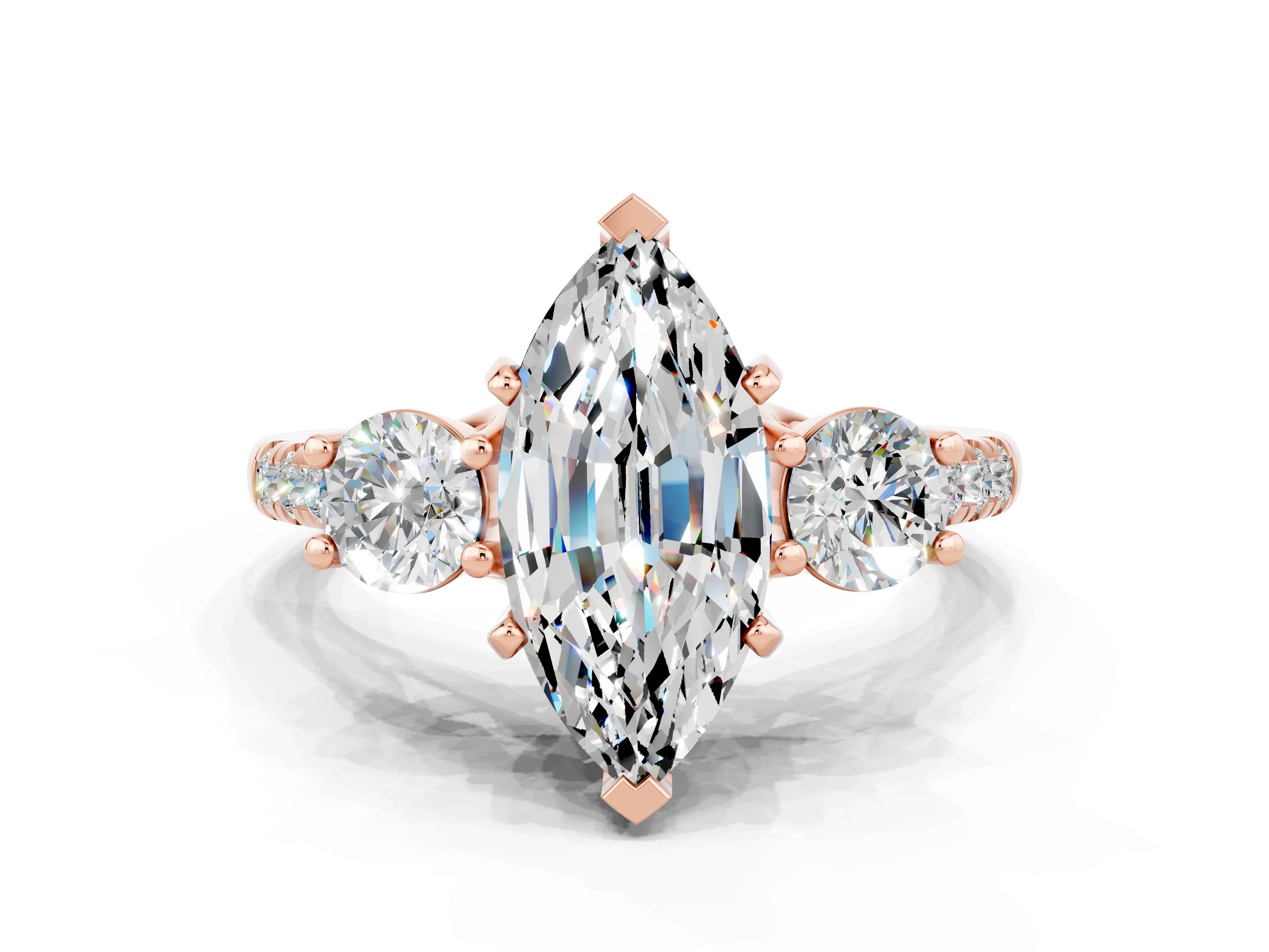 Rose gold Three-Stone Marquise Cut Moissanite Pavé Band with Four-Prong Setting