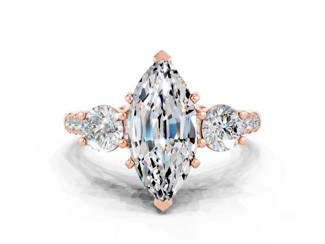 Rose gold Three-Stone Marquise Cut Moissanite Pavé Band with Four-Prong Setting