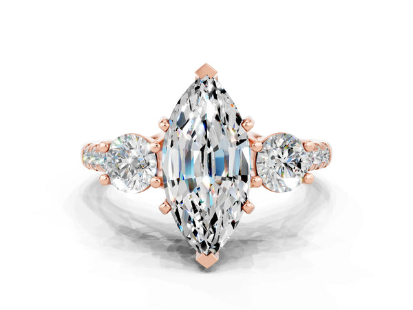 Rose gold Three-Stone Marquise Cut Moissanite Pavé Band with Four-Prong Setting