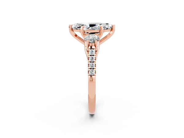 Rose gold Three-Stone Marquise Cut Moissanite Pavé Band with Four-Prong Setting
