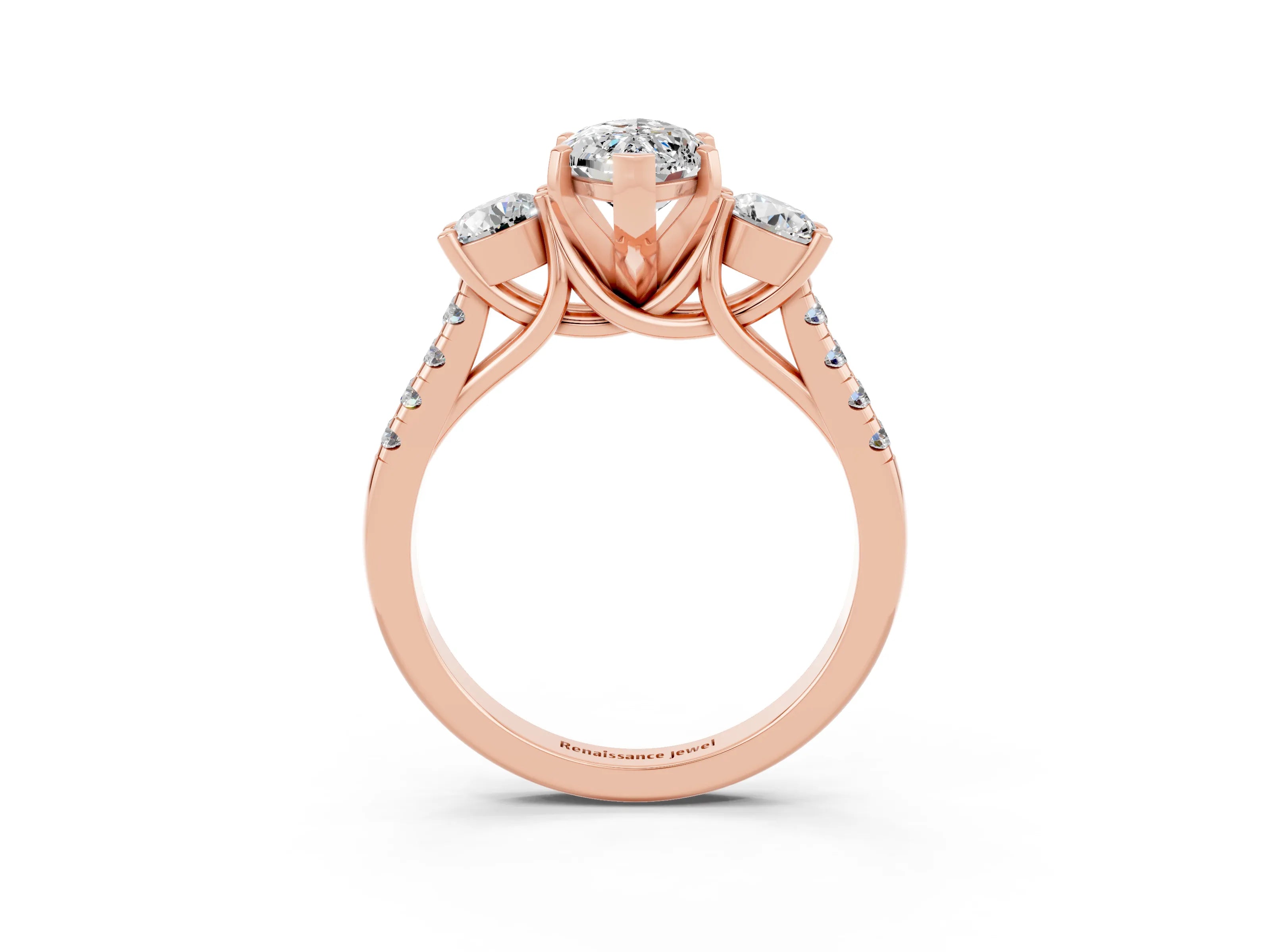 Rose gold Three-Stone Marquise Cut Moissanite Pavé Band with Four-Prong Setting_3