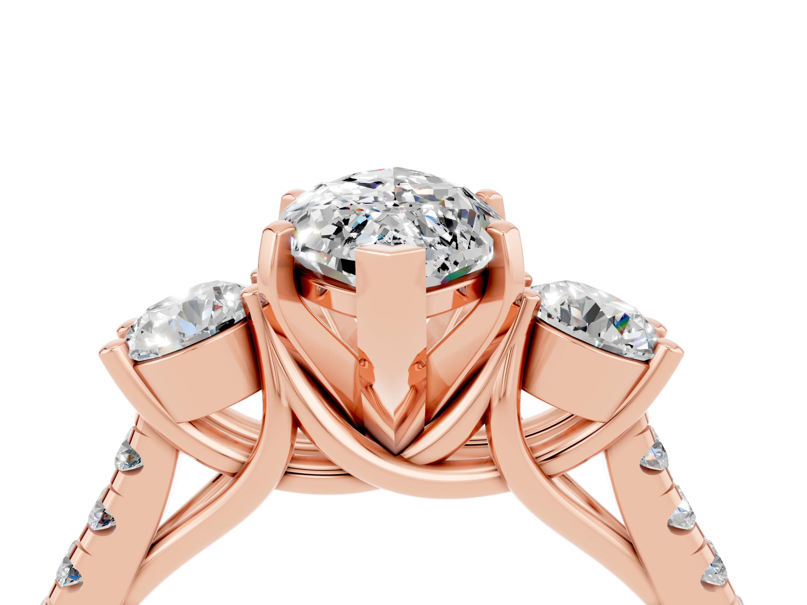 Rose gold Three-Stone Marquise Cut Moissanite Pavé Band with Four-Prong Setting_4
