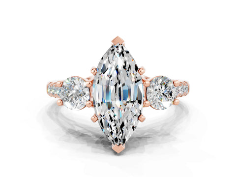 Rose gold Three-Stone Marquise Cut Moissanite Pavé Band with Four-Prong Setting