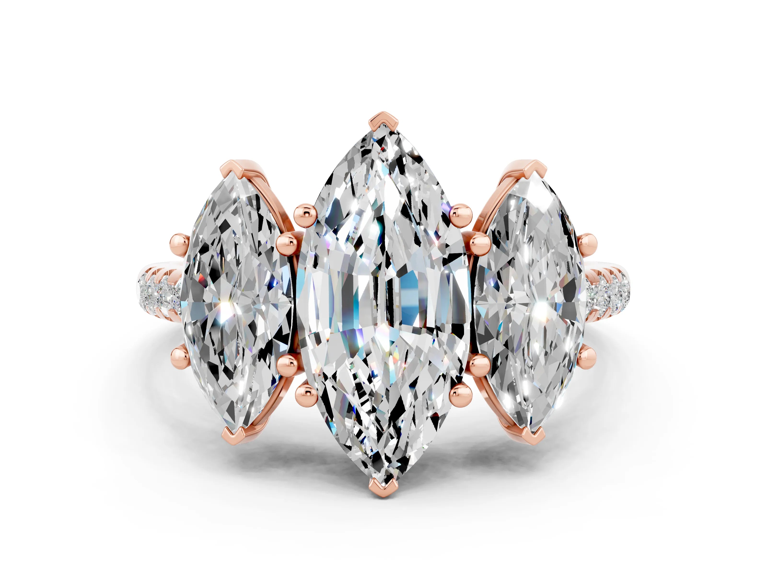 Rose gold Three-Stone Marquise Cut Moissanite Ring with Pavé Band and Prong Setting_12