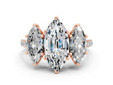 Rose gold Three-Stone Marquise Cut Moissanite Ring with Pavé Band and Prong Setting_12