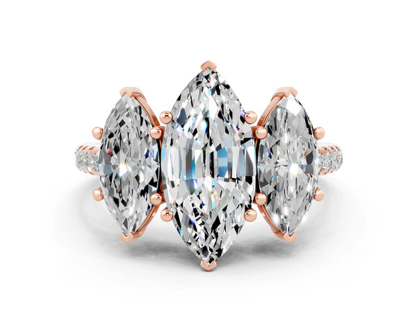 Rose gold Three-Stone Marquise Cut Moissanite Ring with Round  Pavé Band and Prong Setting