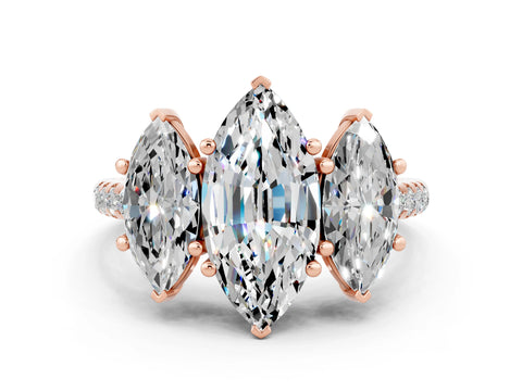 Rose gold Three-Stone Marquise Cut Moissanite Ring with Pavé Band and Prong Setting_12