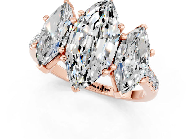 Rose gold Three-Stone Marquise Cut Moissanite Ring with Round  Pavé Band and Prong Setting