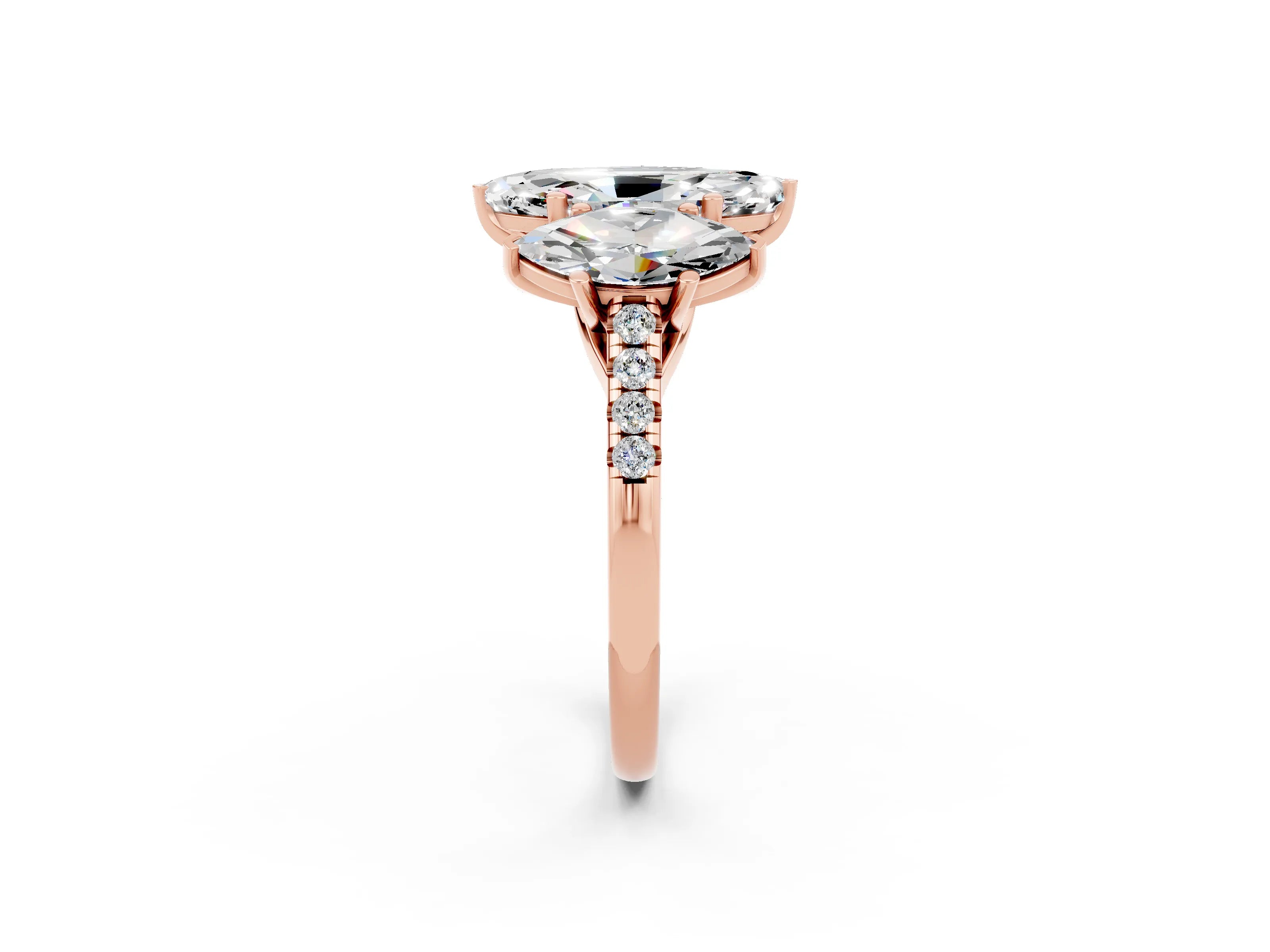 Rose gold Three-Stone Marquise Cut Moissanite Ring with Pavé Band and Prong Setting_14