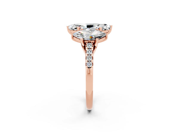 Rose gold Three-Stone Marquise Cut Moissanite Ring with Round  Pavé Band and Prong Setting