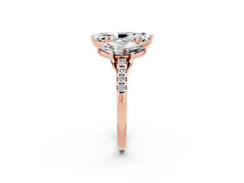Rose gold Three-Stone Marquise Cut Moissanite Ring with Pavé Band and Prong Setting_14