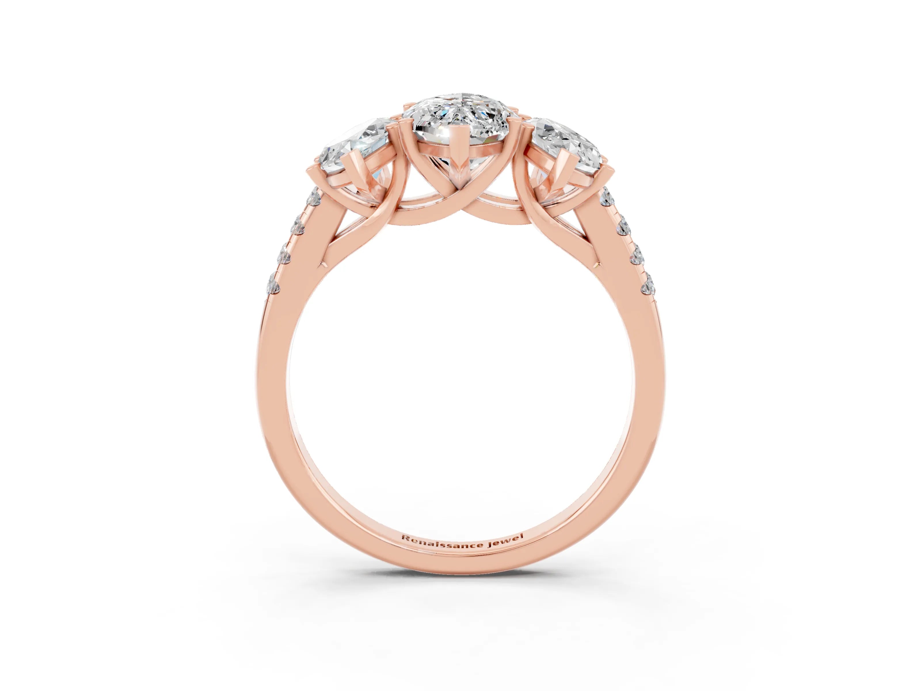Rose gold Three-Stone Marquise Cut Moissanite Ring with Pavé Band and Prong Setting_15