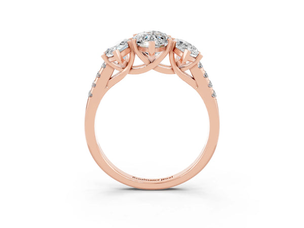 Rose gold Three-Stone Marquise Cut Moissanite Ring with Round  Pavé Band and Prong Setting