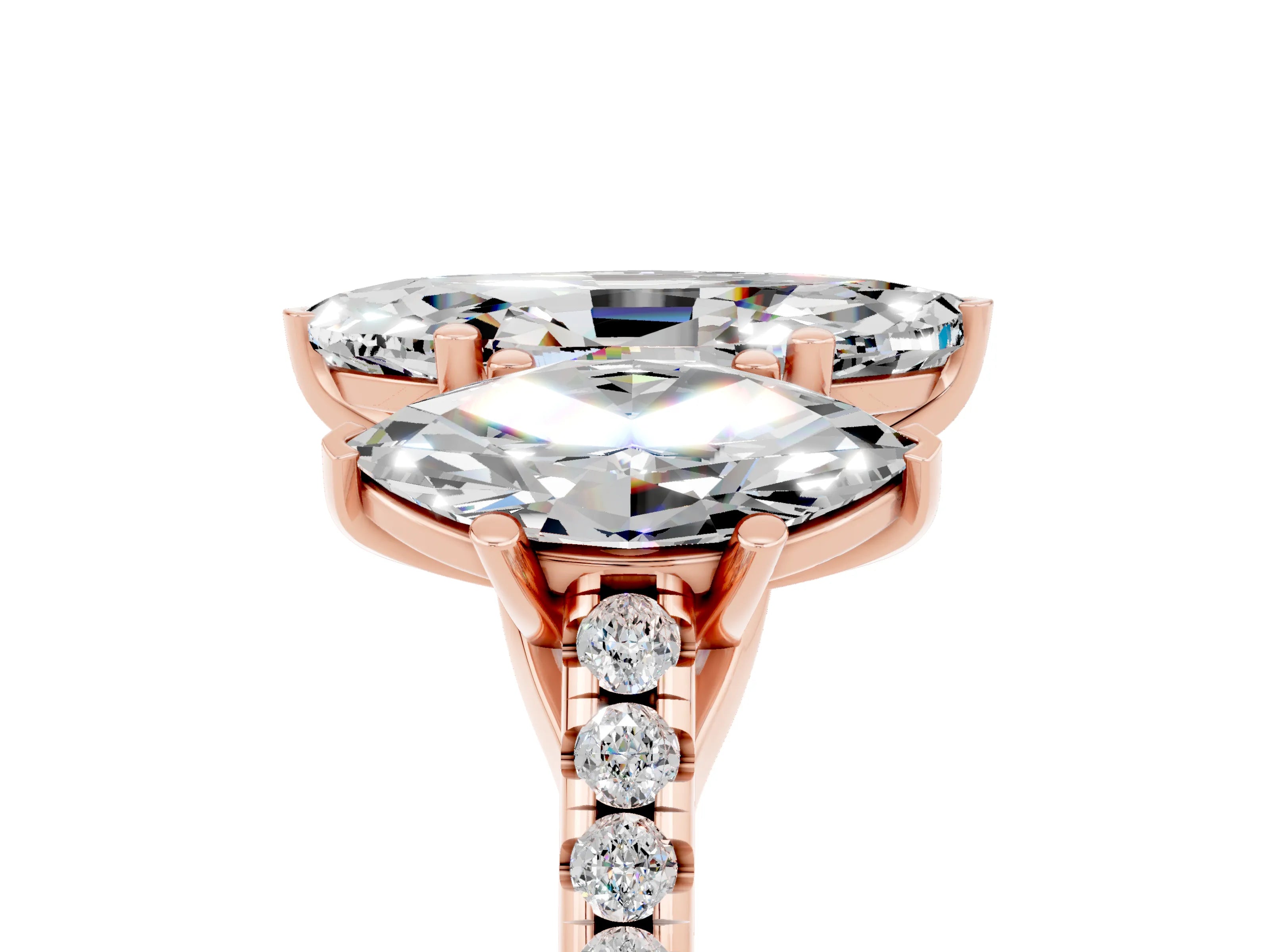 Rose gold Three-Stone Marquise Cut Moissanite Ring with Pavé Band and Prong Setting_17