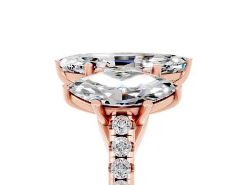 Rose gold Three-Stone Marquise Cut Moissanite Ring with Pavé Band and Prong Setting_17