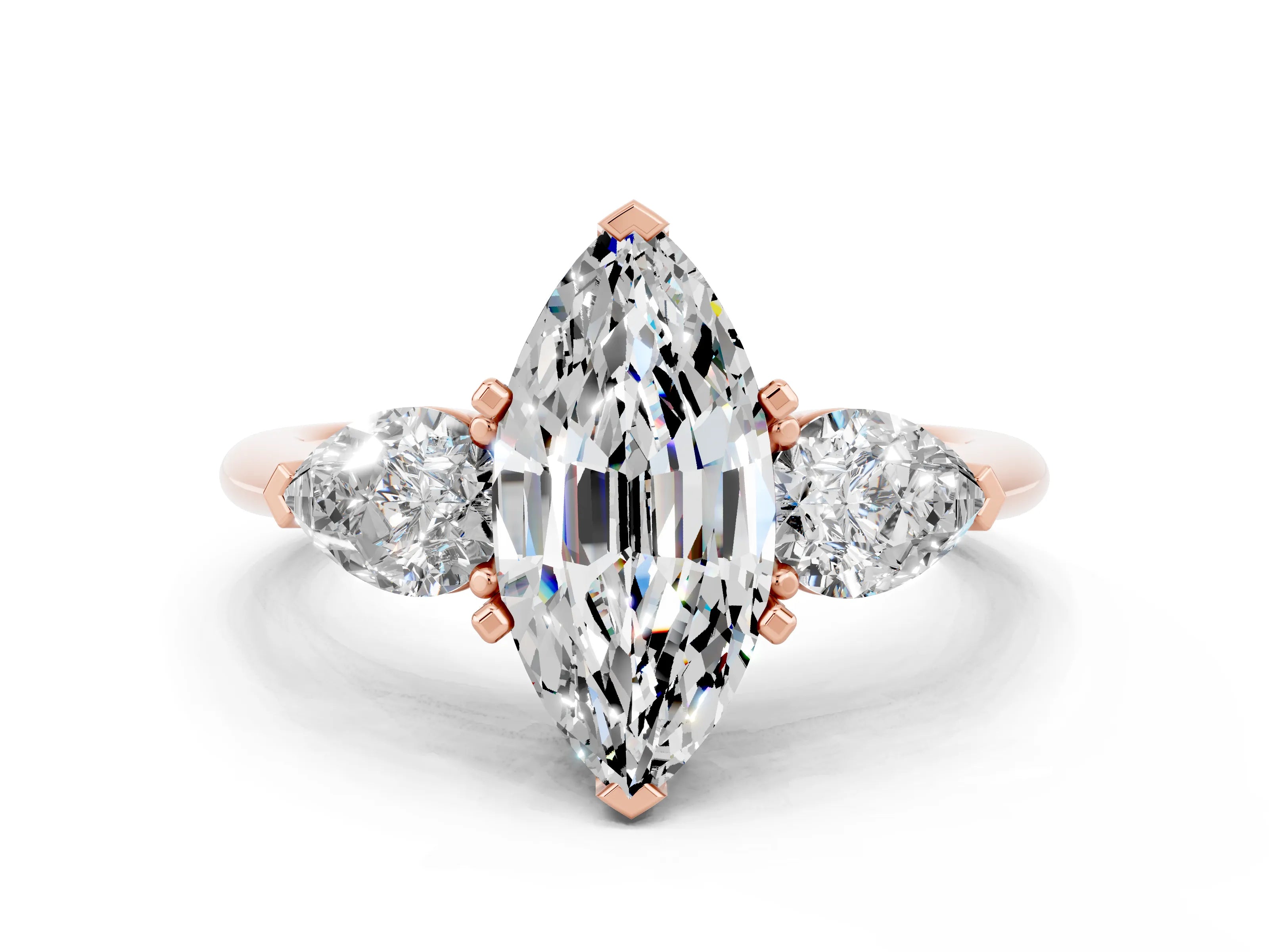 Rose gold Three-Stone Marquise Cut Moissanite Ring with Pear Side Stones and Four-Prong Setting